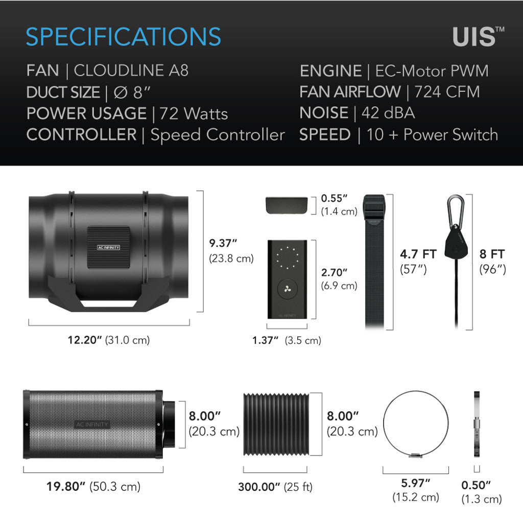 AC Infinity - Air Filtration Kit 8”, Inline Fan with Speed Controller, Carbon Filter & Ducting Combo