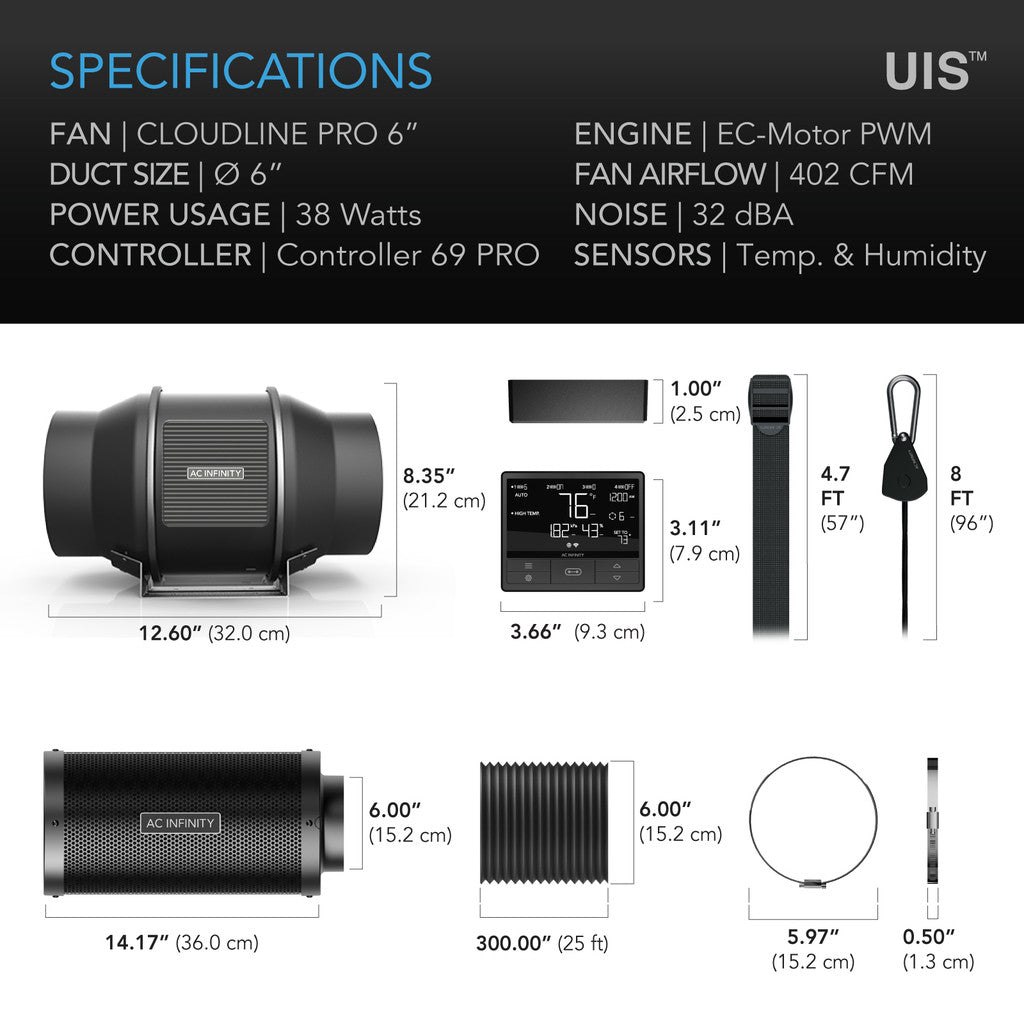 AC Infinity - Air Filtration Kit PRO 6", Inline Fan with Smart Controller, Carbon Filter & Ducting Combo